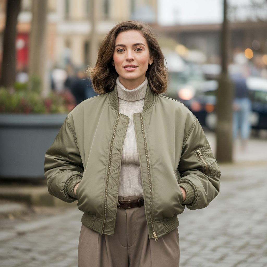 Bomber Jacket with a Turtleneck and Trousers
