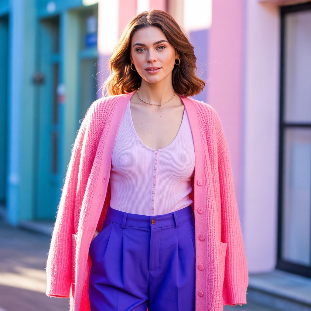 Cardigan with a Bodysuit and High-Waisted Trousers