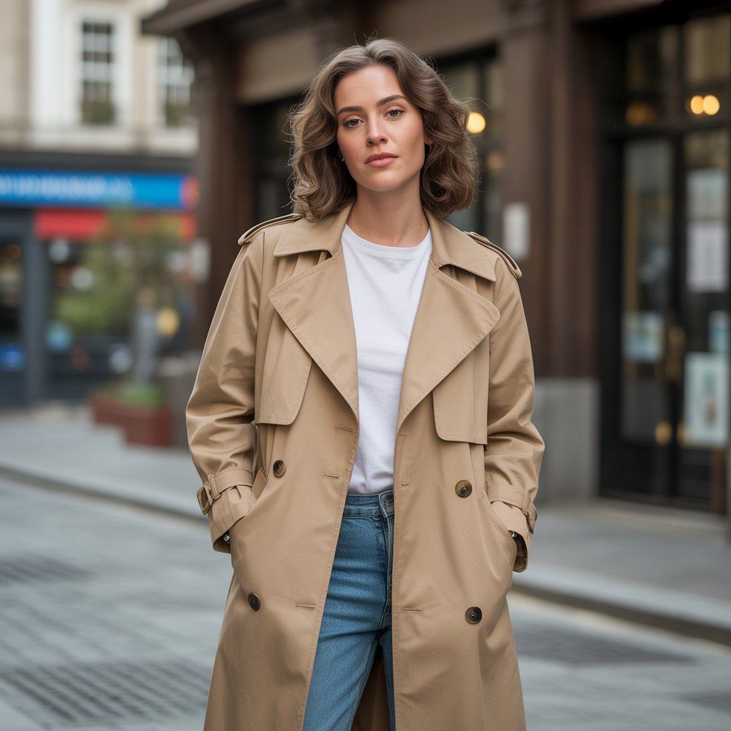 Classic Trench Coat with Jeans and White Tee
