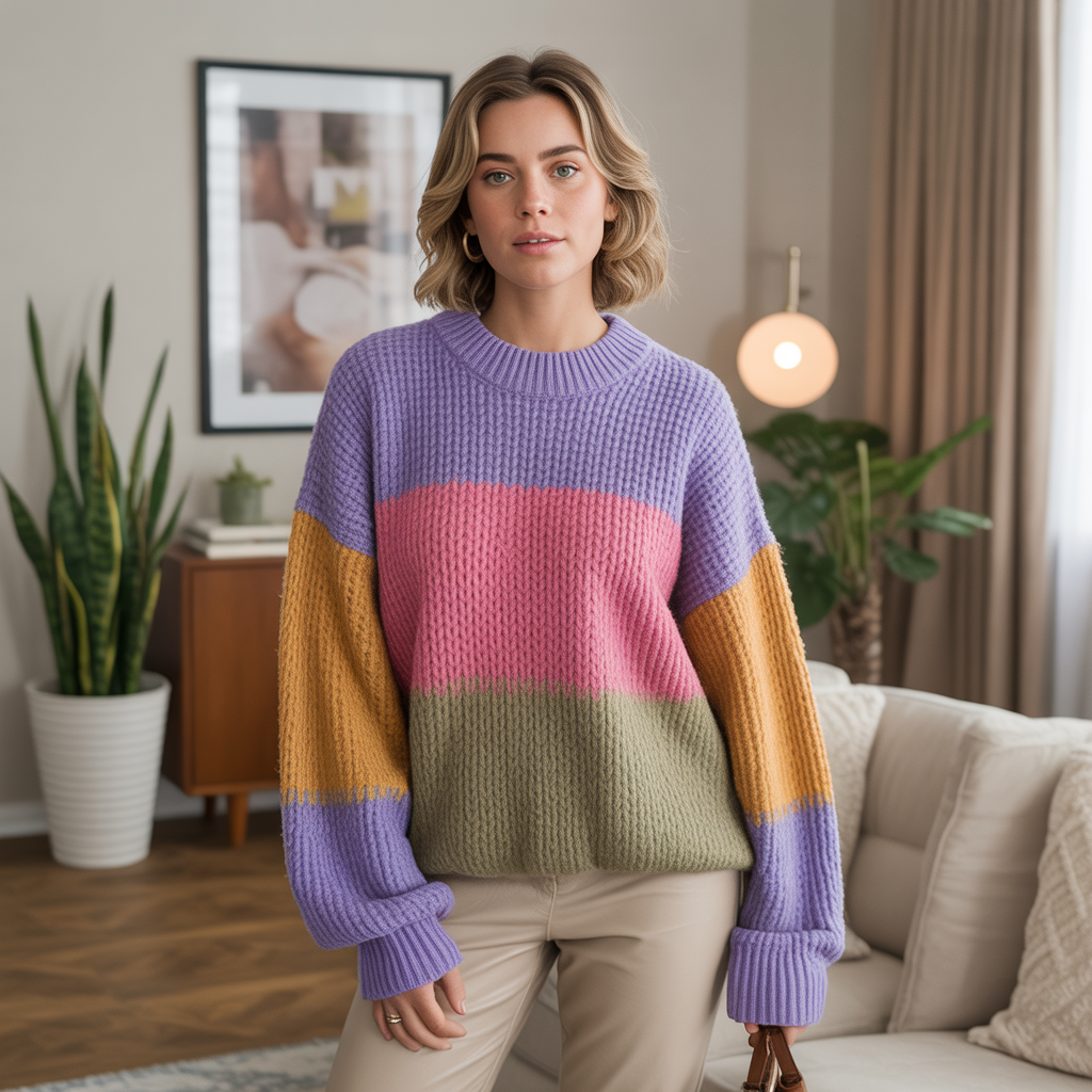 Colorful Oversized Sweater with Neutral Bottoms