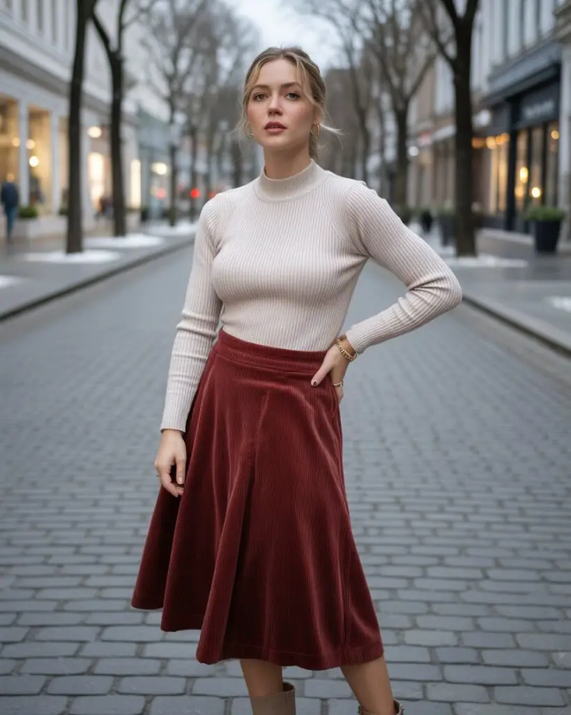 Corduroy Skirt and Mock Neck Top