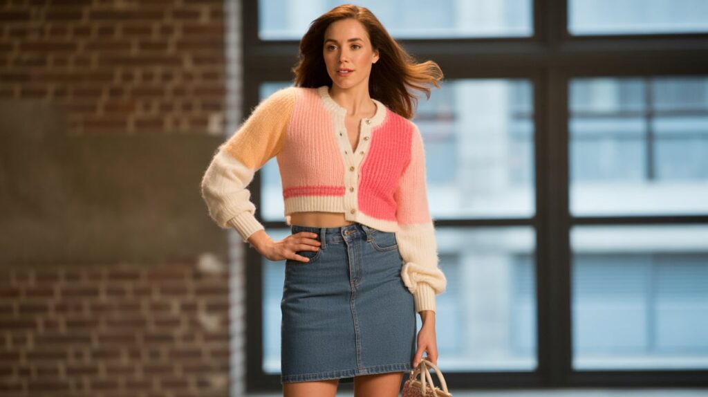 Denim Skirt and Colorful Cardigan