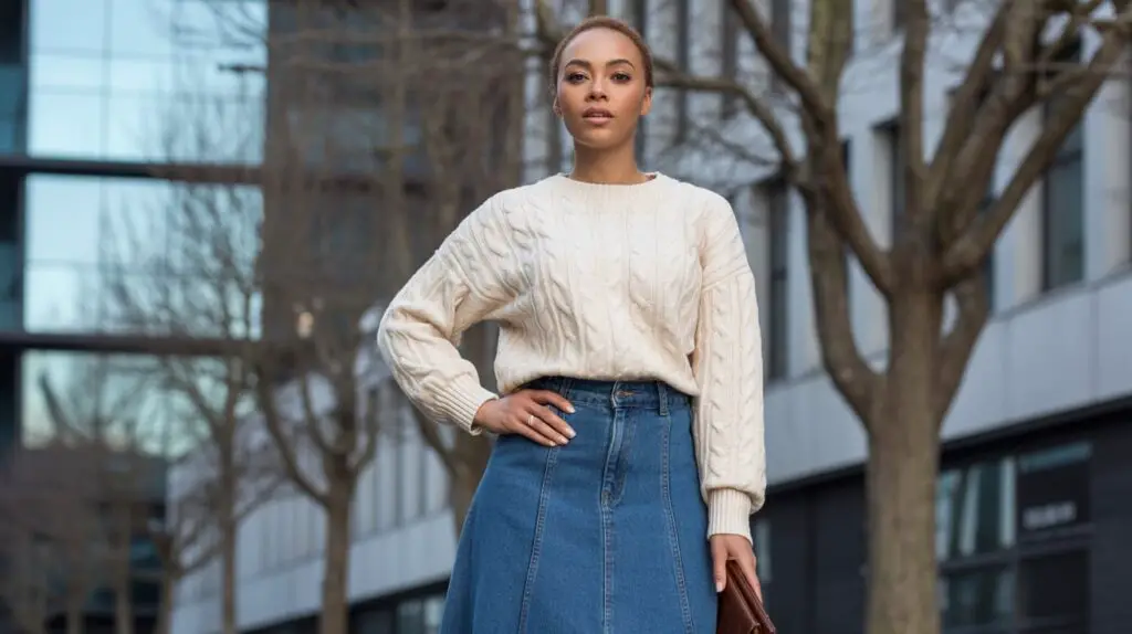 Denim Skirt and Knit Sweater