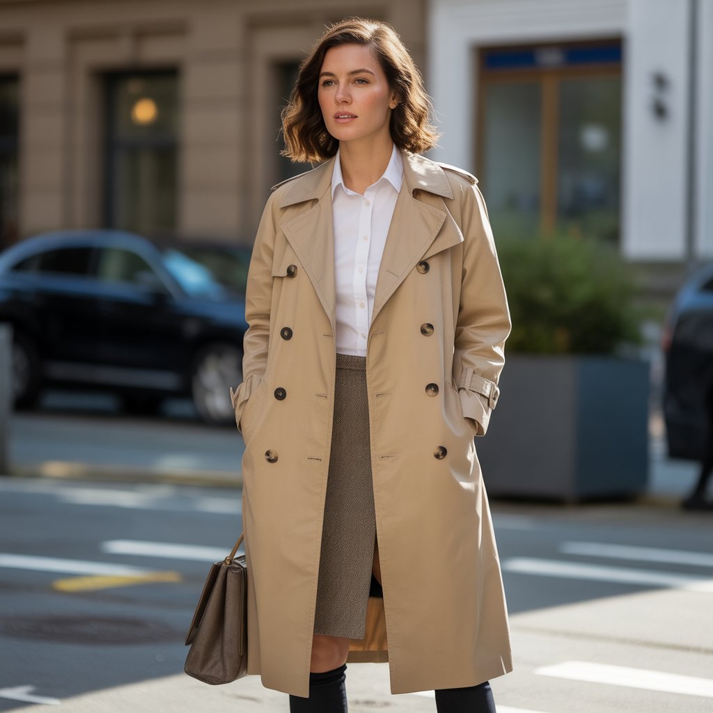 Double-Breasted Trench Coat with Pencil Skirt
