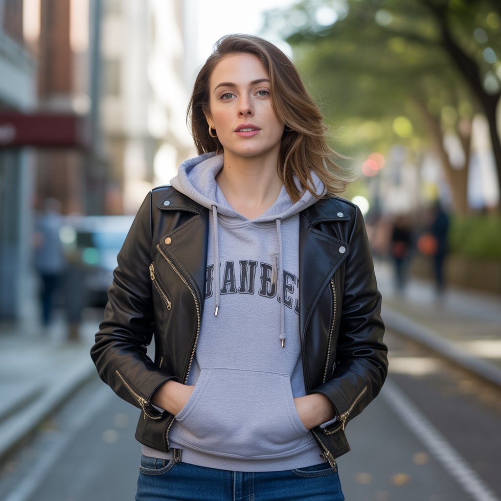 Hoodie Layered Under a Leather Jacket