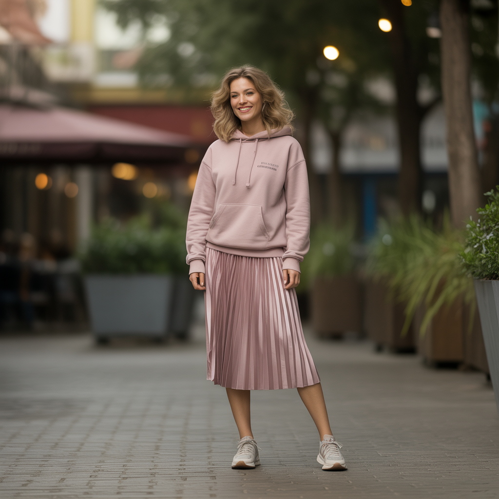 Hoodie with a Pleated Skirt and Sneakers