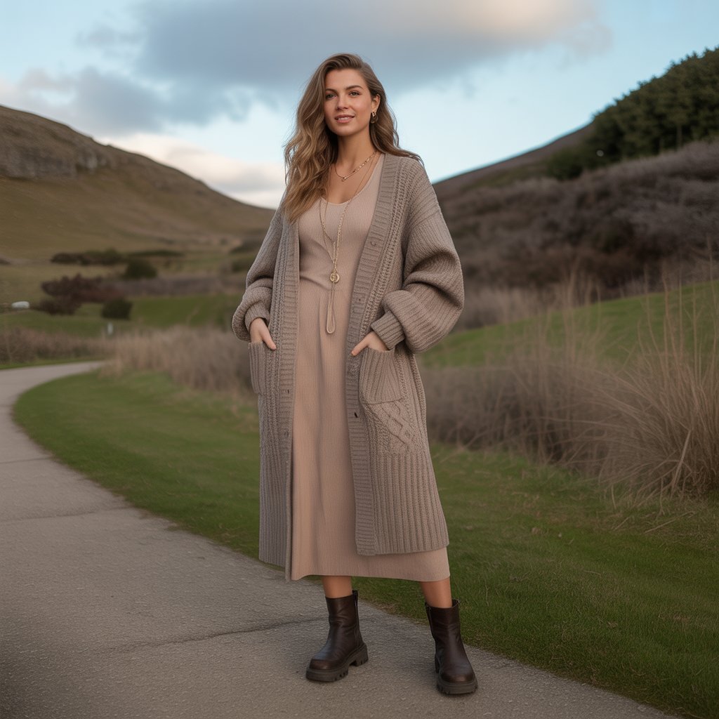 Long Cardigan with a Midi Dress and Boots