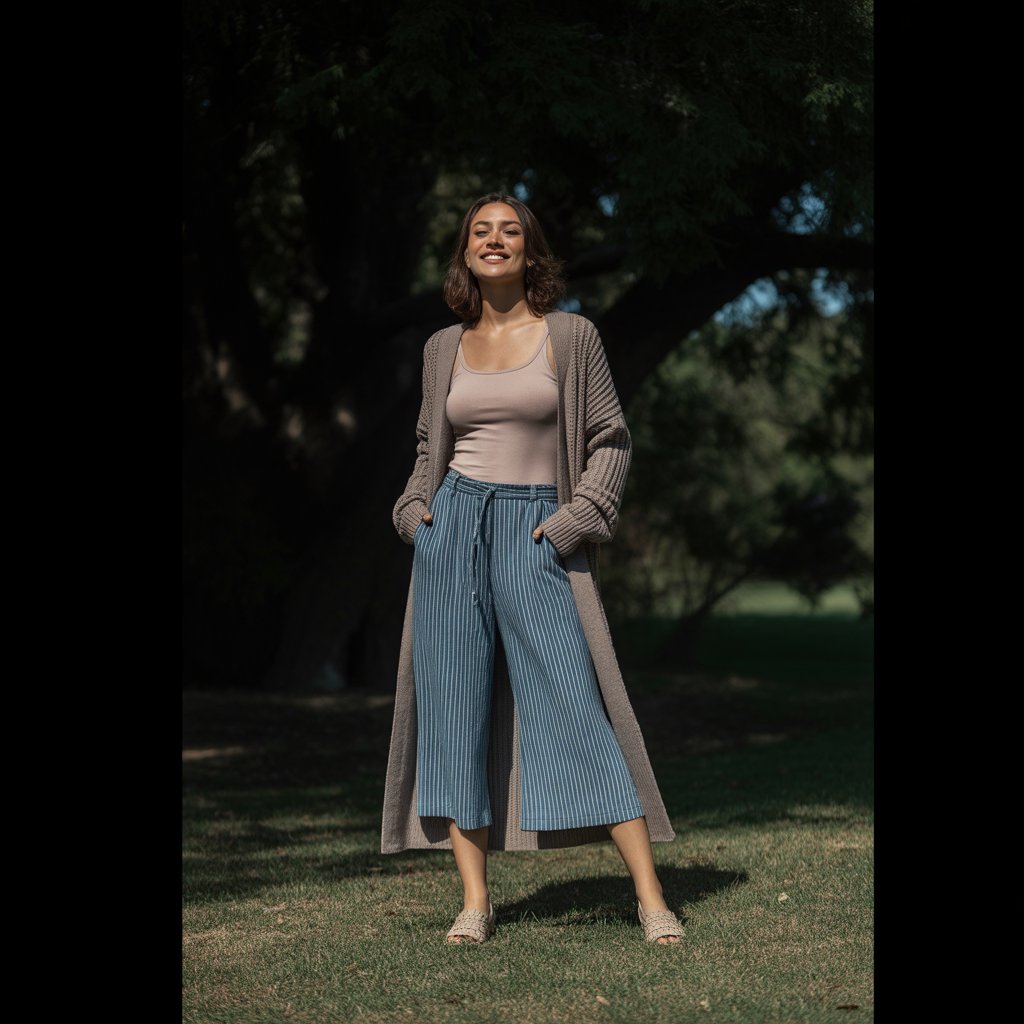 Long Cardigan with a Tank Top and Culottes