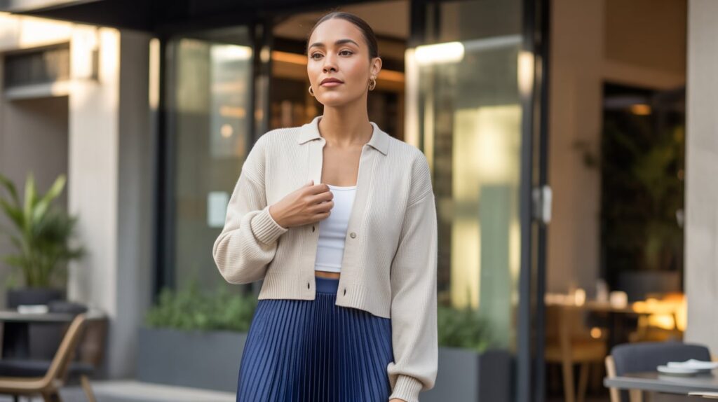 Pleated Skirt and Cropped Sweater Cardigan