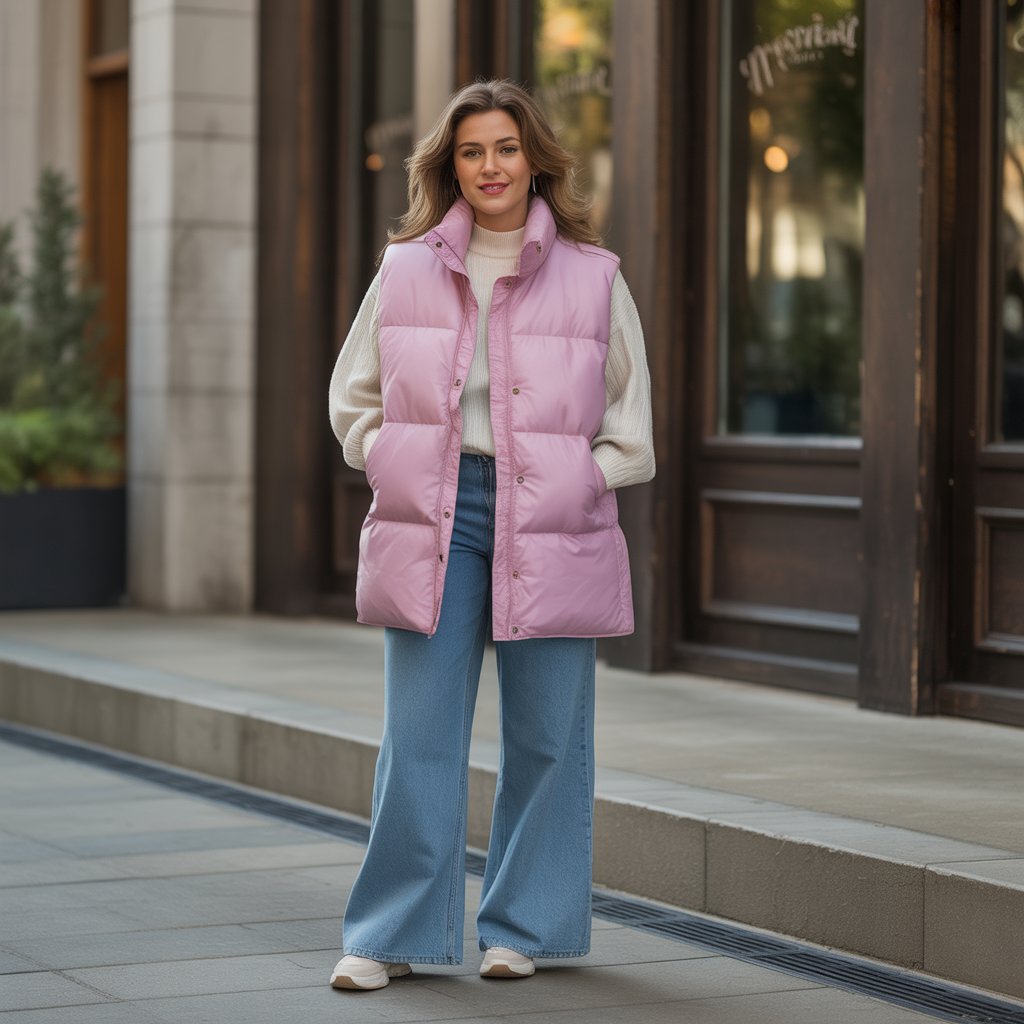 Puffer Vest and Wide-Leg Jeans