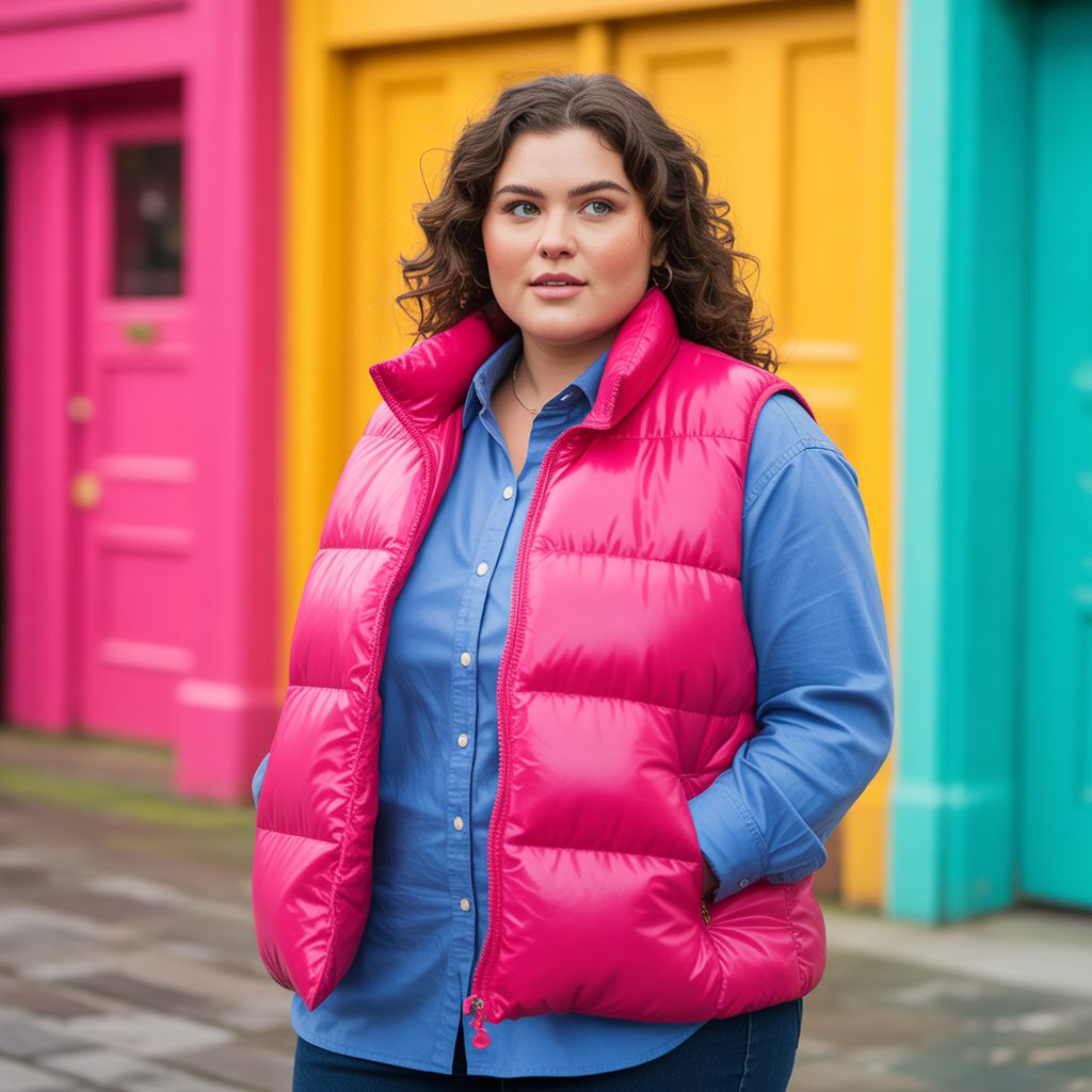 Puffer Vest over a Button-Up Shirt