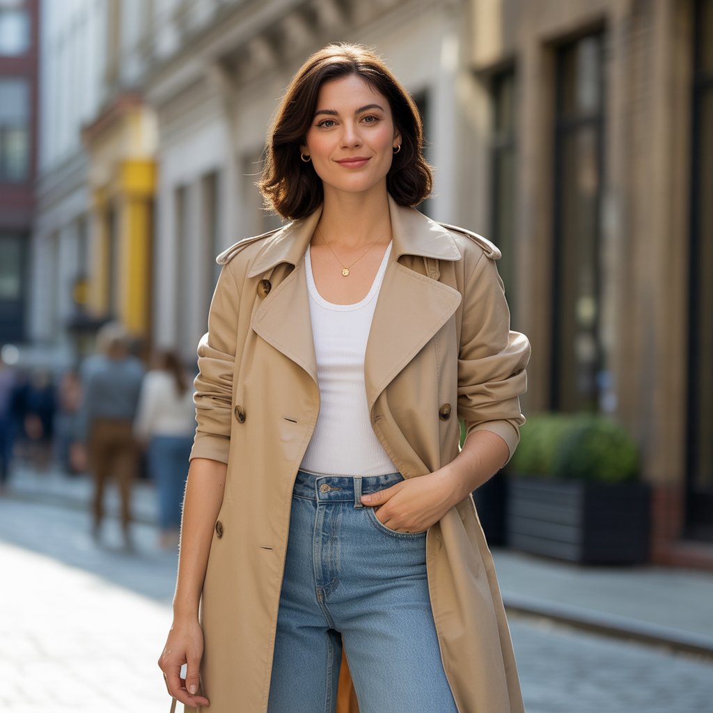 Short Trench Coat with High-Waisted Jeans