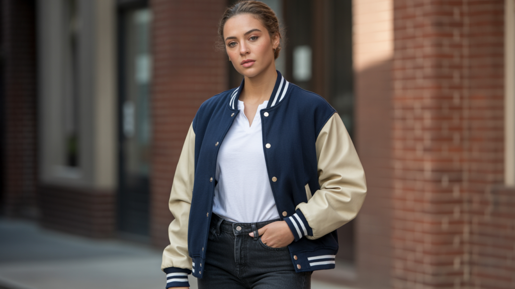 The Classic Jeans and Tee Look with Varsity Jacket