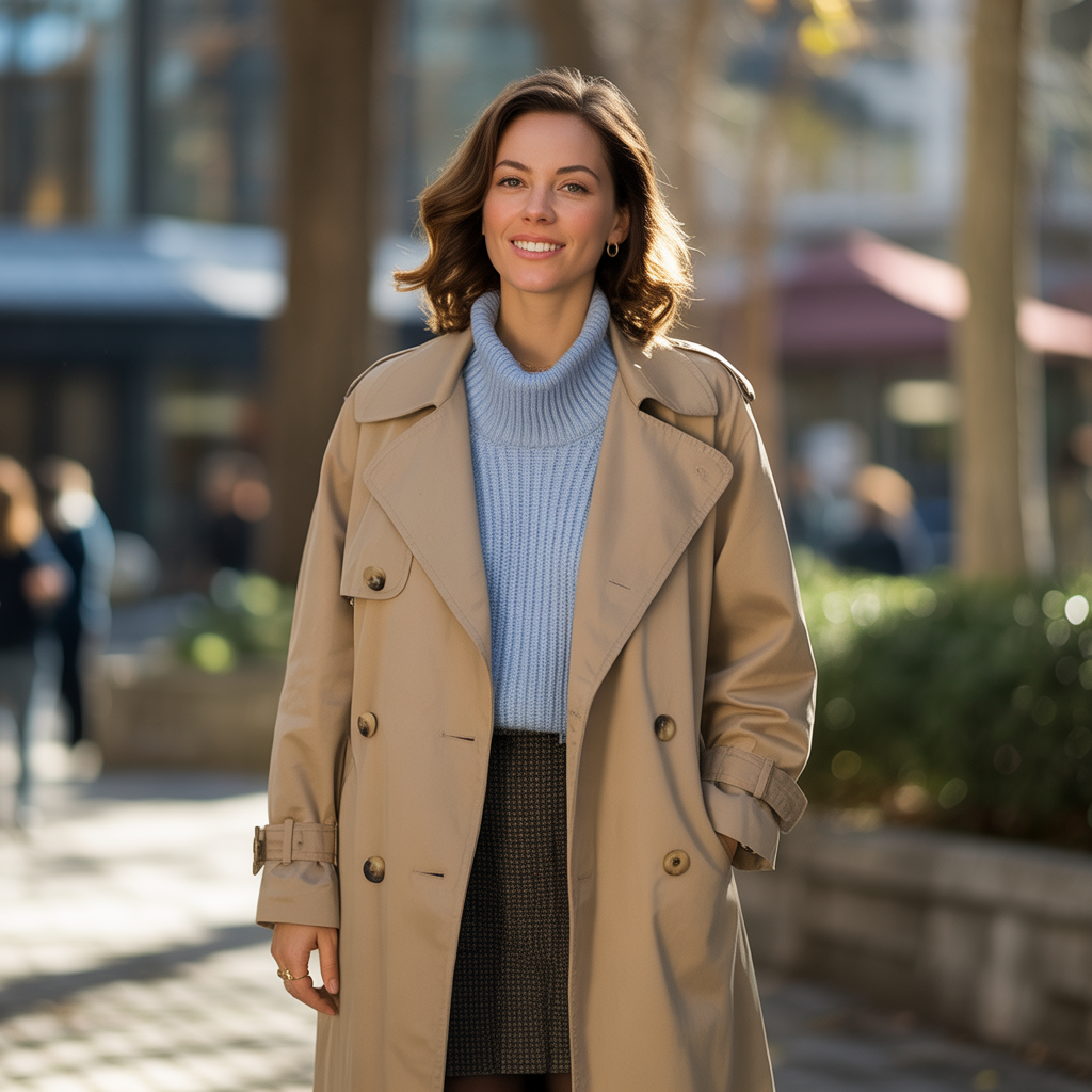 Trench Coat over Sweater and Skirt