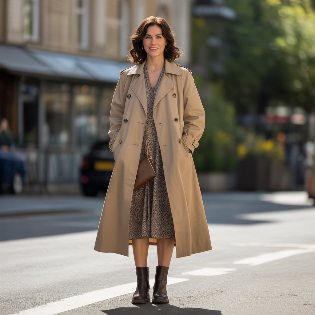 Trench Coat with Midi Dress and Boots