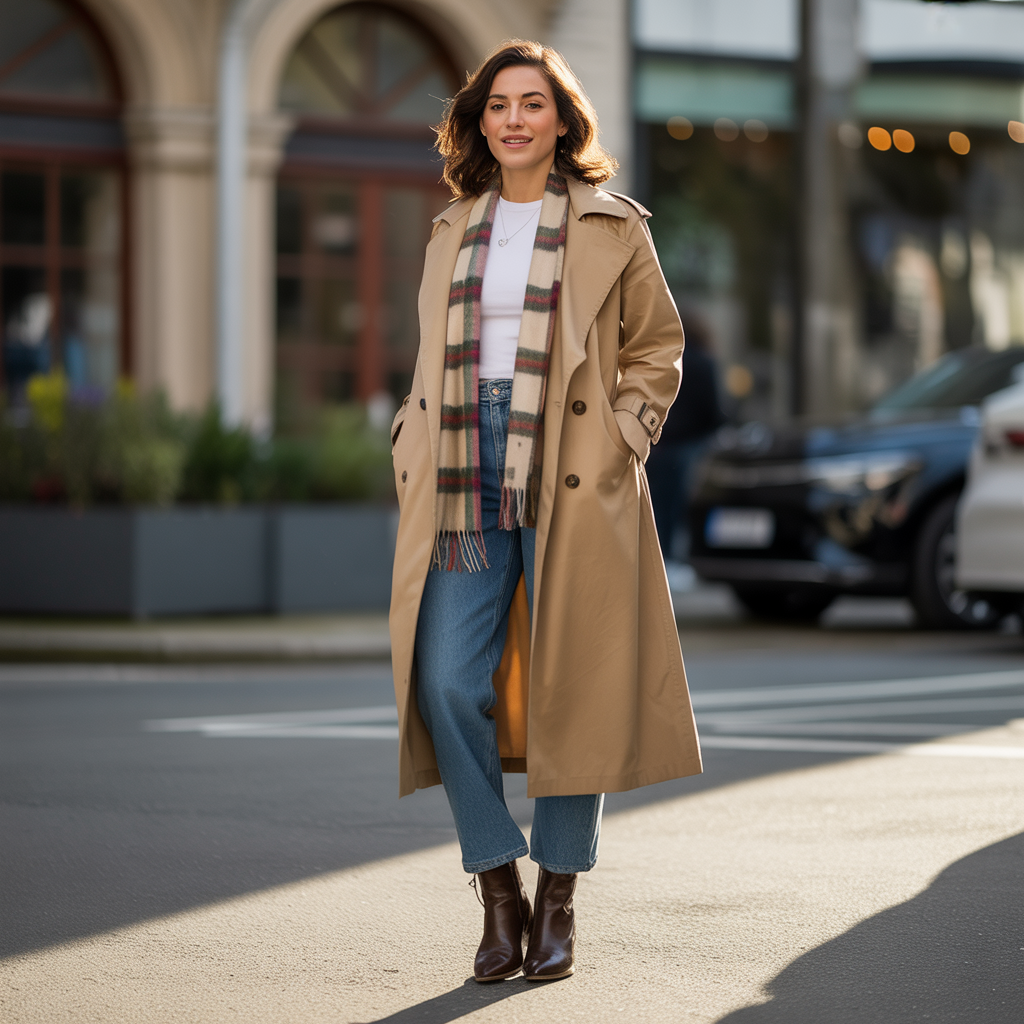 Trench Coat with Plaid Scarf and Boots