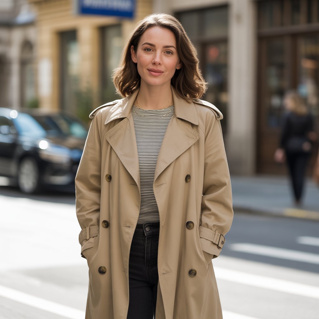 Trench Coat with Striped Top and Dark Pants