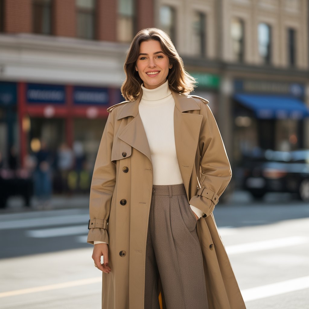 Trench Coat with Turtleneck and Wide-Leg Pants