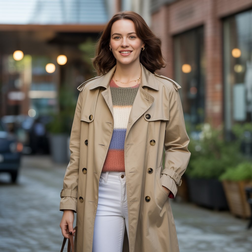 Trench Coat with White Pants and Colored Top