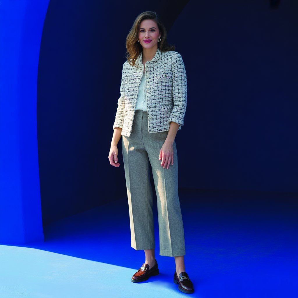 Tweed Jacket with Cropped Pants and Loafers