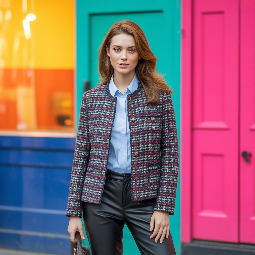 Tweed Jacket with Leather Pants
