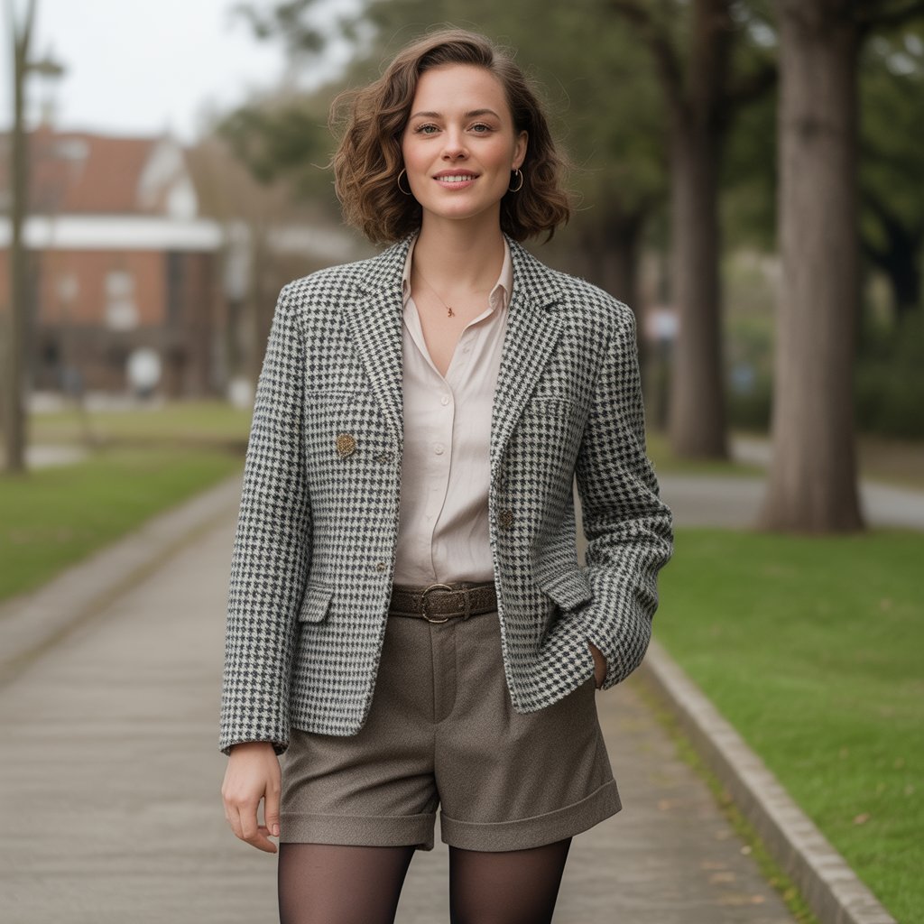 Tweed Jacket with Tailored Shorts and Tights