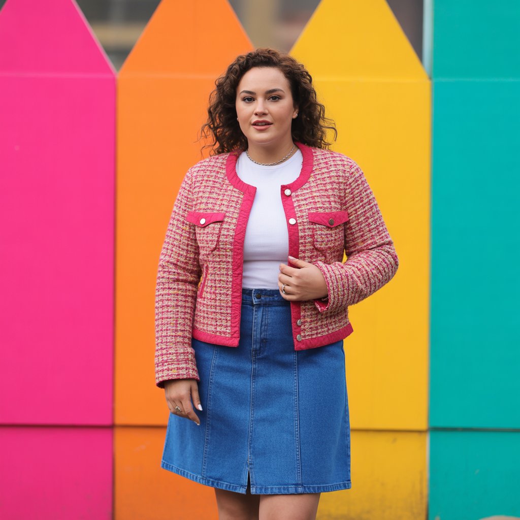 Tweed Jacket with a Denim Skirt