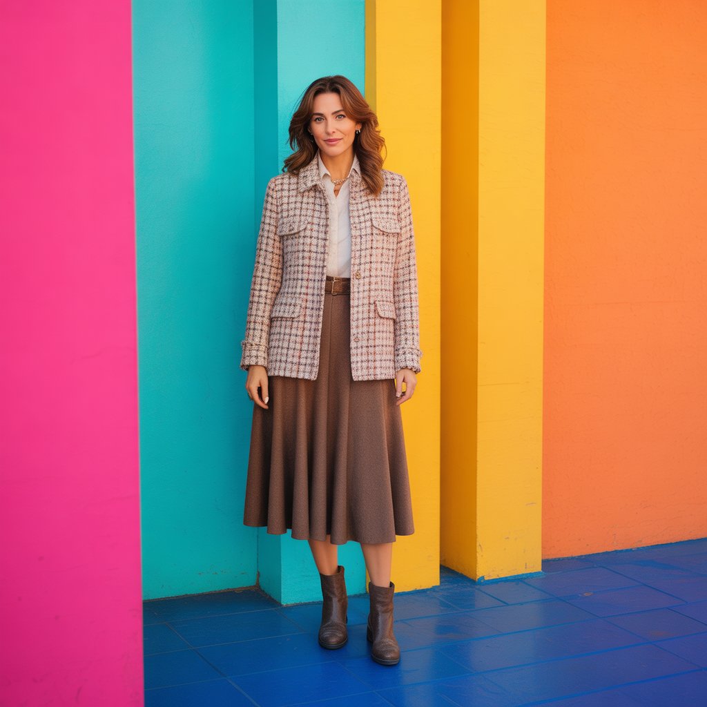 Tweed Jacket with a Midi Skirt and Boots