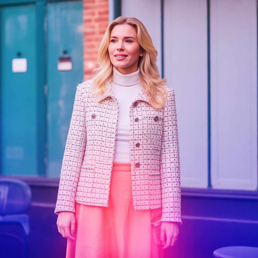 Tweed Jacket with a Turtleneck and Skirt