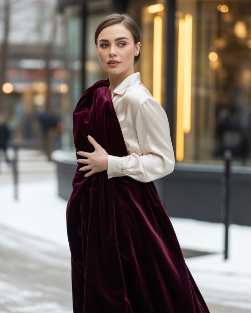 Velvet Skirt and Silk Blouse