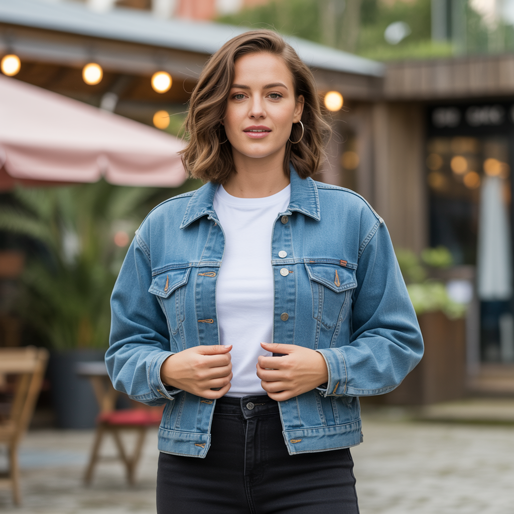 A Jean Jacket with a White T-Shirt and Black Pants