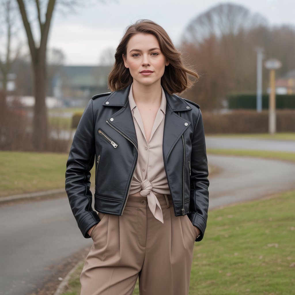 Biker Jacket with High-Waisted Trousers and a Tucked Blouse