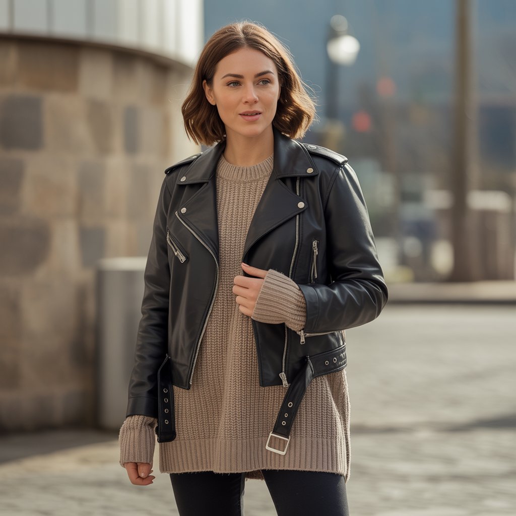 Biker Jacket with Leggings and an Oversized Sweater