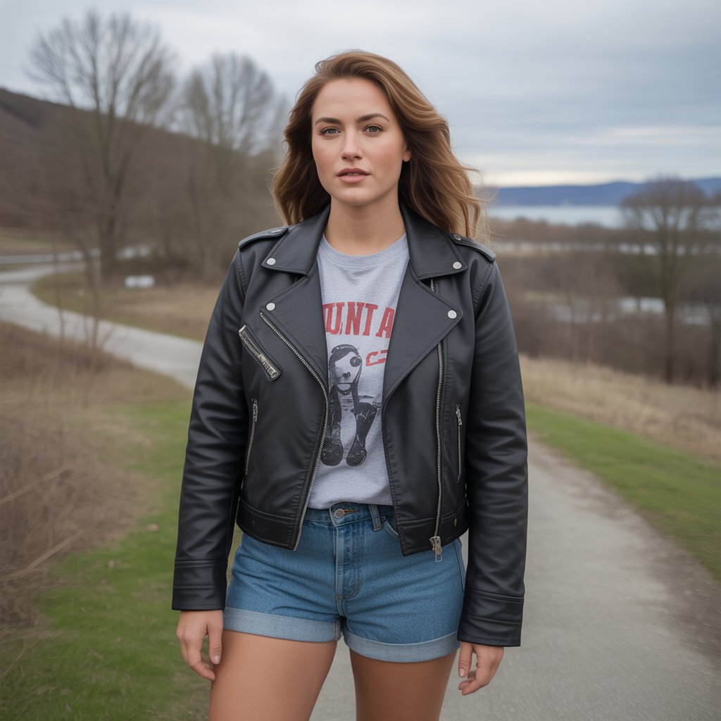 Biker Jacket with a Graphic Tee and Denim Shorts