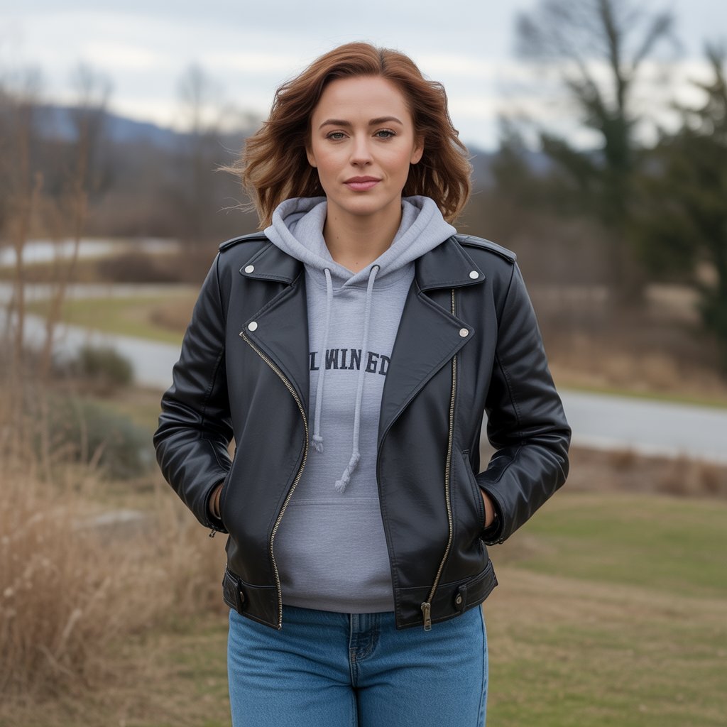 Biker Jacket with a Hoodie and Jeans