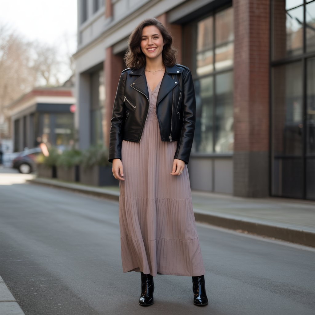 Biker Jacket with a Maxi Dress and Ankle Boots