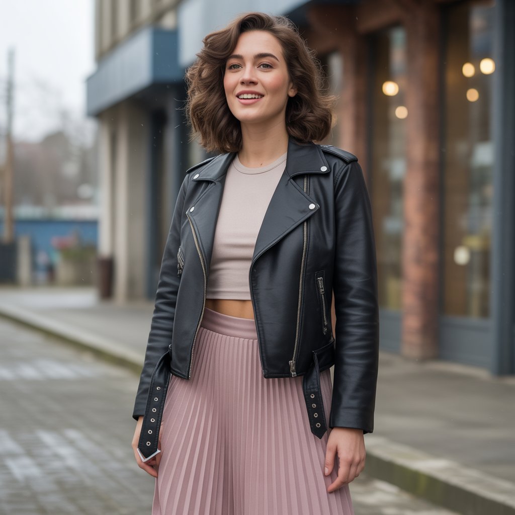Biker Jacket with a Midi Skirt and Crop Top