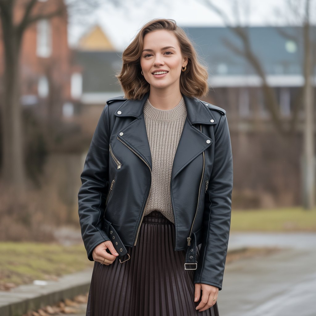 Biker Jacket with a Pleated Skirt and a Knit Top