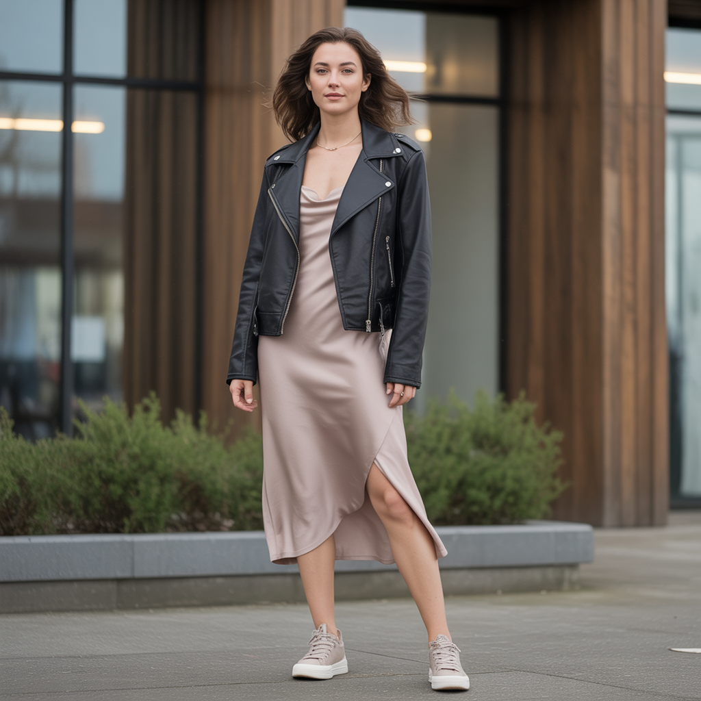 Biker Jacket with a Slip Dress and Sneakers