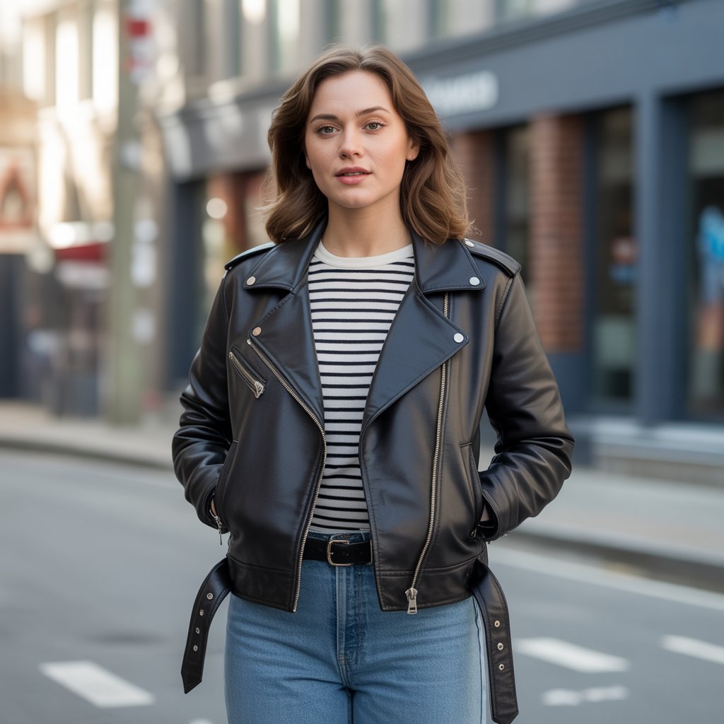 Biker Jacket with a Striped Shirt and Boyfriend Jeans