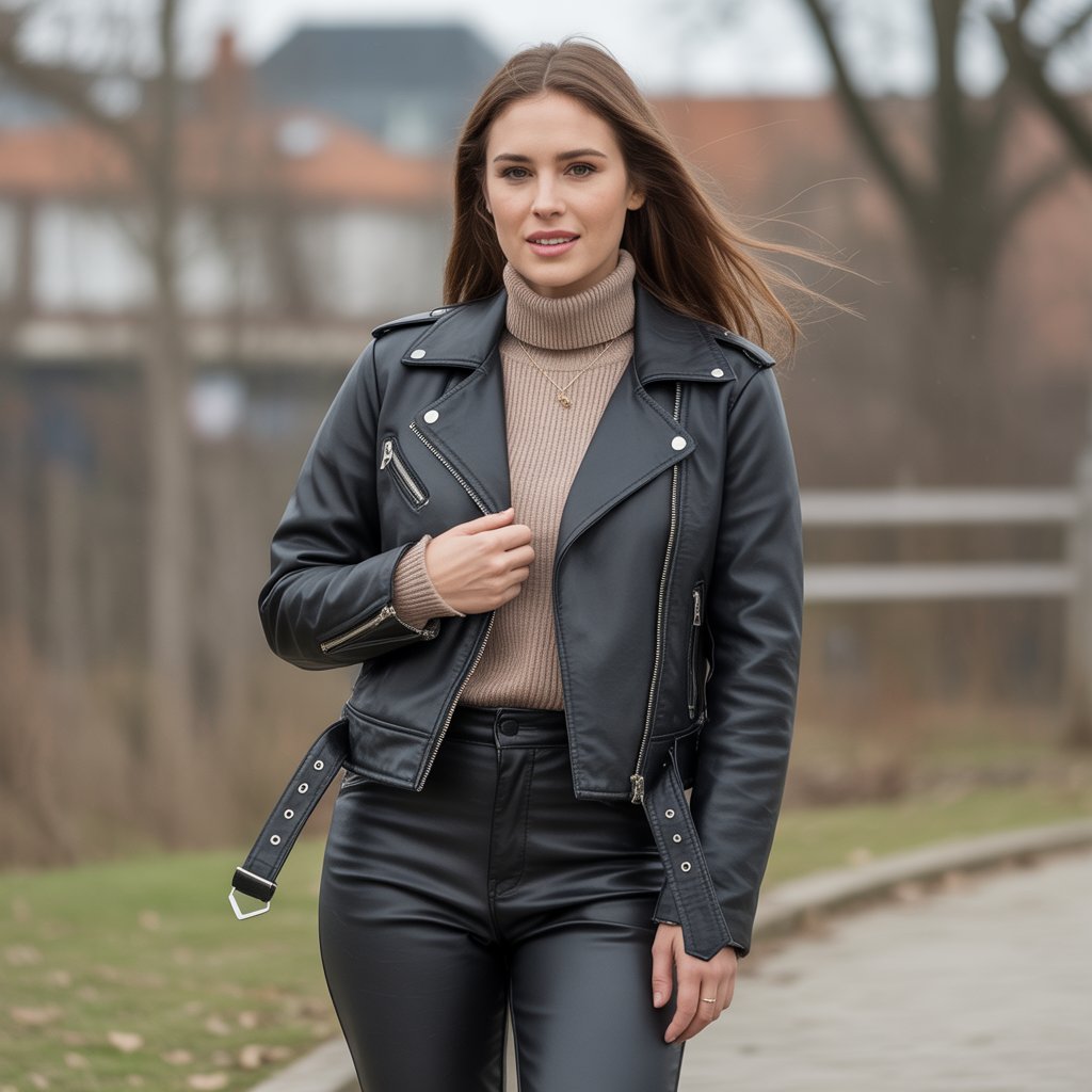 Biker Jacket with a Turtleneck and Leather Pants