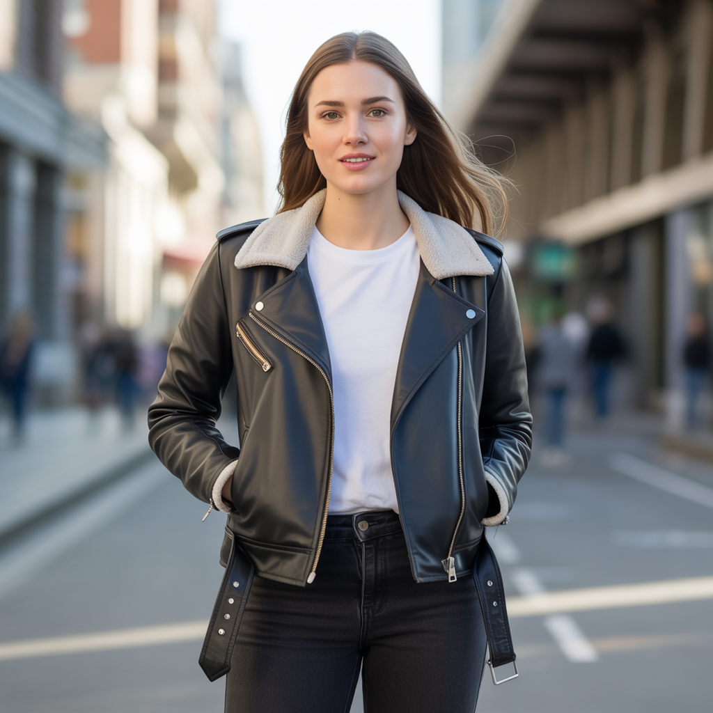 Biker Jacket with a White Tee and Black Jeans