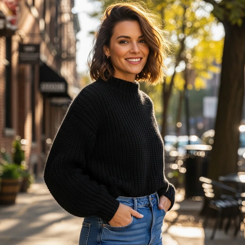 Black Chunky Knit Sweater With High-Waisted Jeans