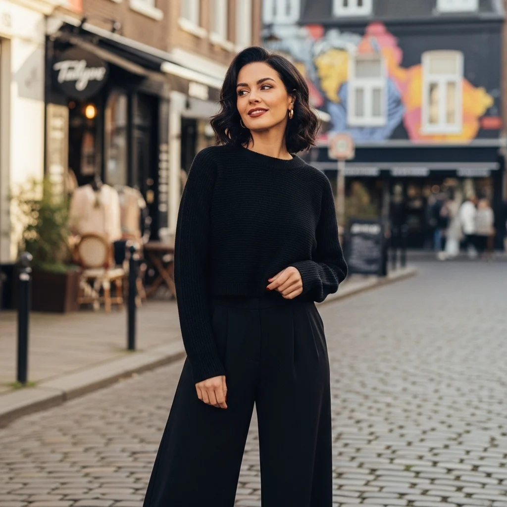 Black Cropped Sweater With Wide-Leg Trousers