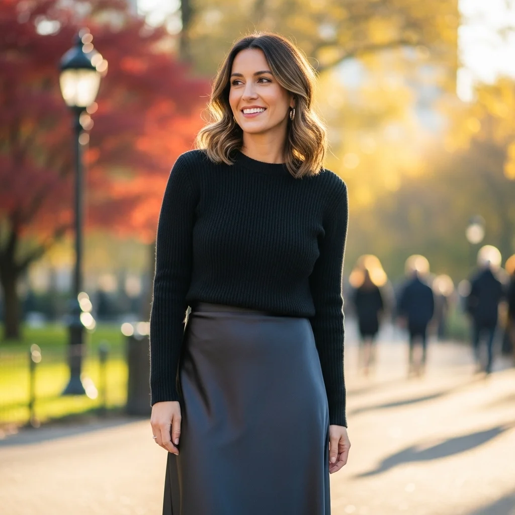 Black Fitted Sweater With a Satin Midi Skirt