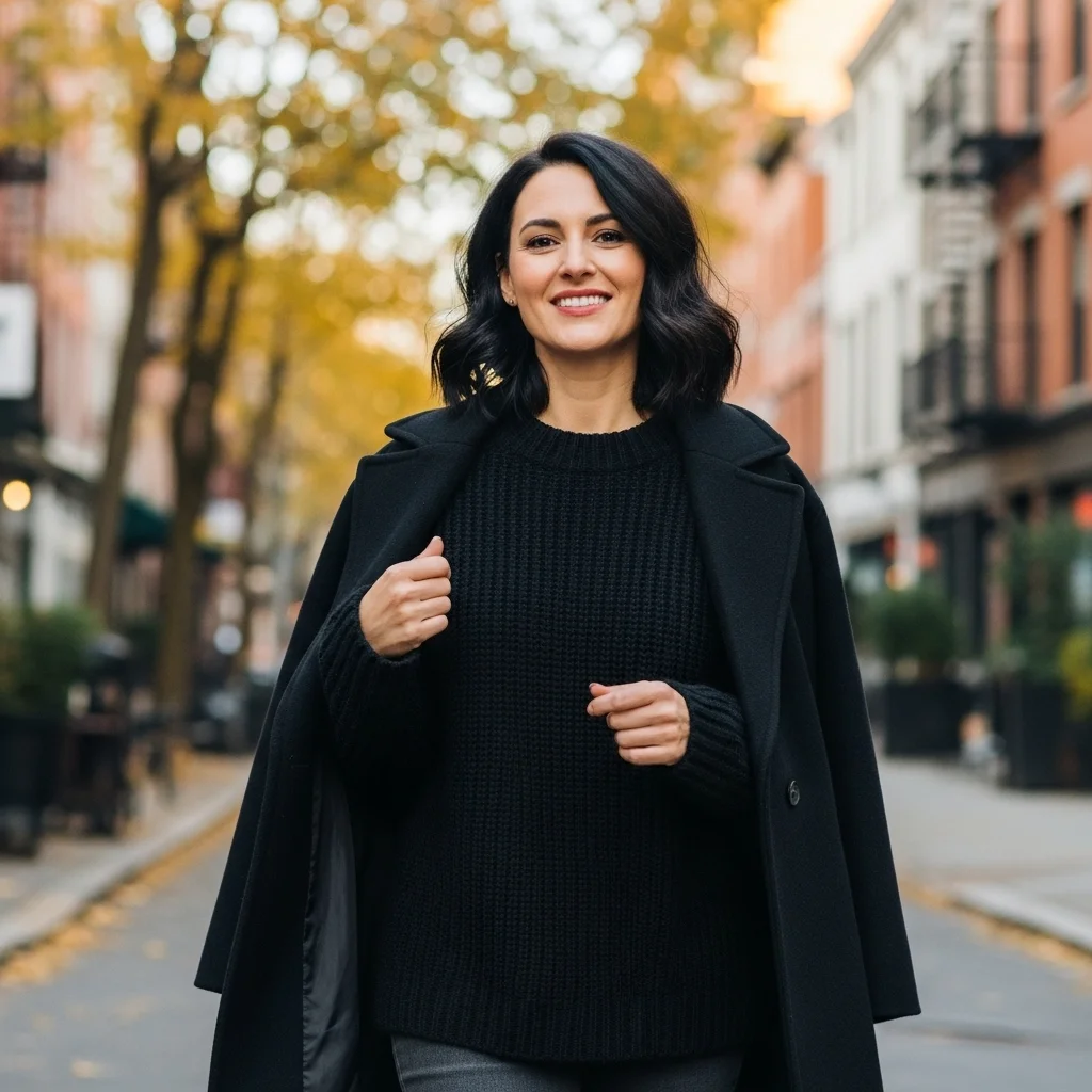 Black Knit Sweater With a Long Wool Coat