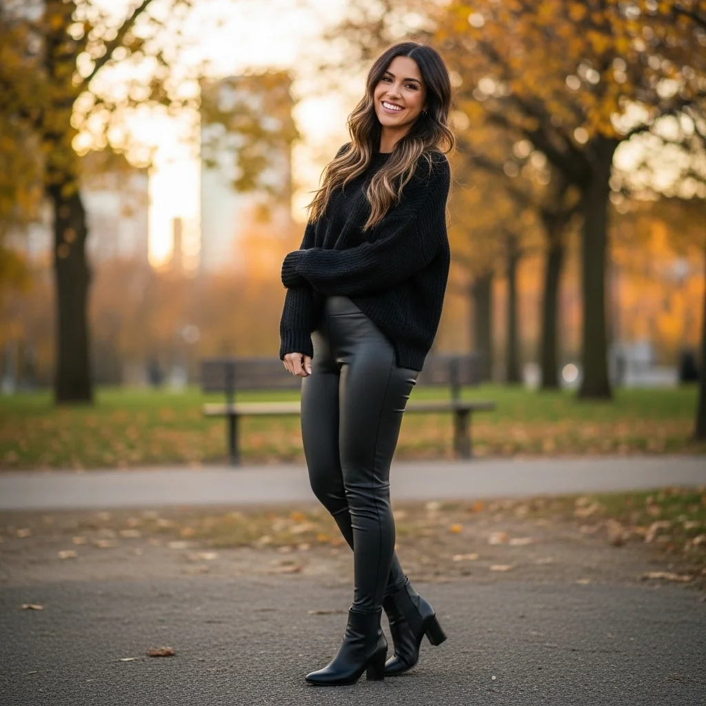 Black Oversized Sweater With Faux Leather Leggings