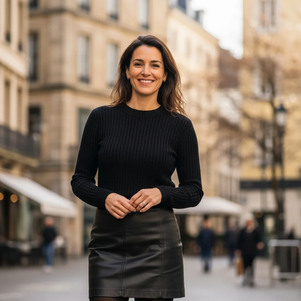 Black Ribbed Sweater Styled With a Leather Mini Skirt