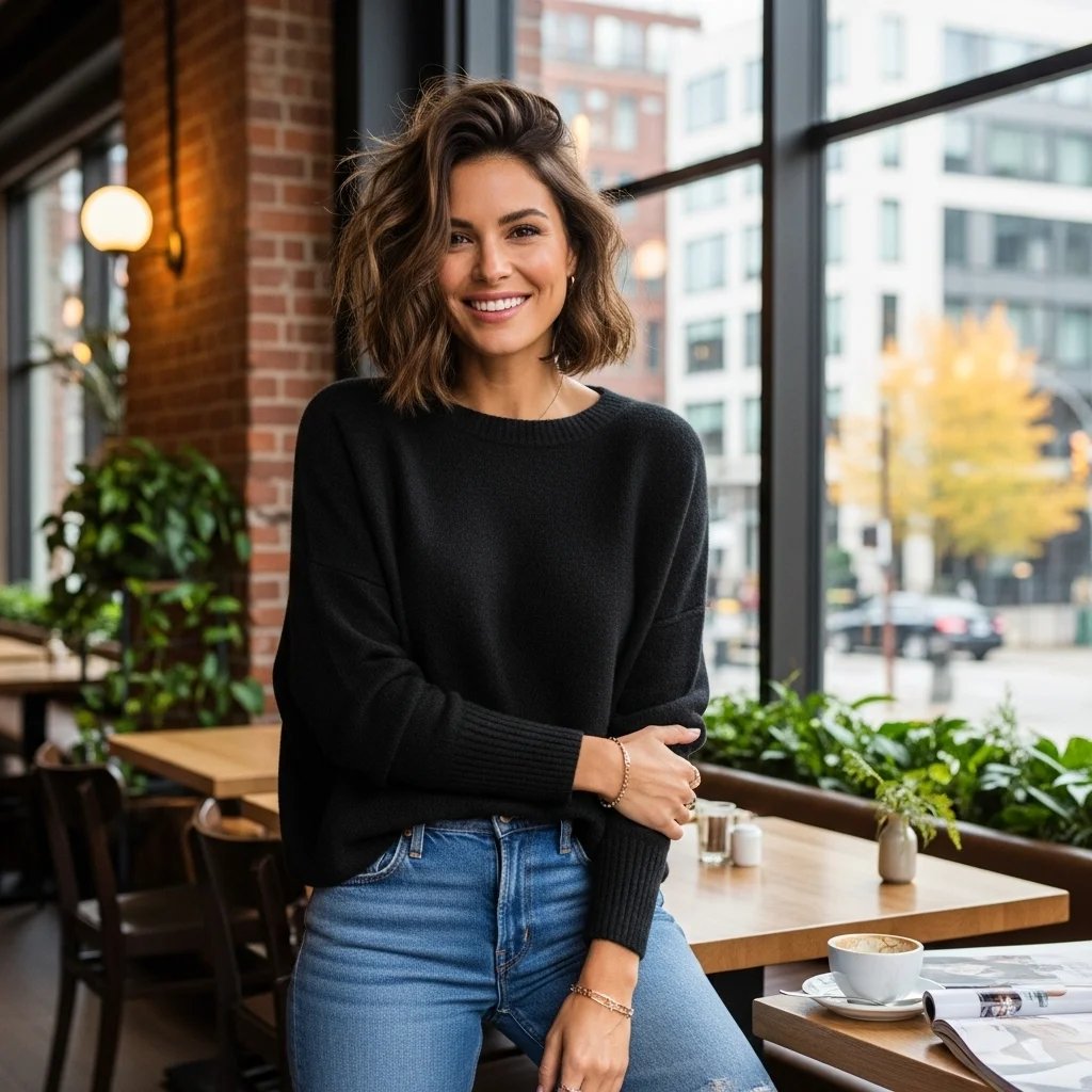 Black Slouchy Sweater With Straight-Leg Jeans