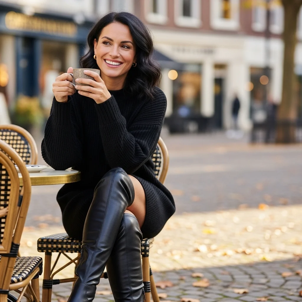 Black Sweater Dress Paired With Knee-High Boots